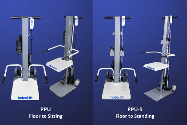 IndeeLift PPU & PPU-S People Picker Upper Shown Side By Side Against A Blue Gradient Background. The Left Device Is Labeled 'PPU Floor To Sitting' And The Right Device Is Labeled 'PPU-S Floor To Standing'.