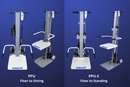 IndeeLift PPU & PPU-S People Picker Upper Shown Side By Side Against A Blue Gradient Background. The Left Device Is Labeled 'PPU Floor To Sitting' And The Right Device Is Labeled 'PPU-S Floor To Standing'.