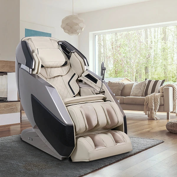 Infinity Imperial Syner-D Massage Chair In Gray/Tan Color In A Modern Living Room With A Couch And Large Window 