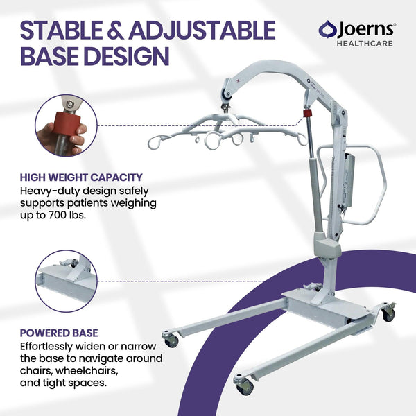 Joerns Hoyer® Power 700 HD Bariatric Patient Lift Stable And Adjustable Base Design Features With Close Up Images And Text Descriptions