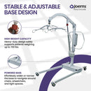 Joerns Hoyer® Power 700 HD Bariatric Patient Lift Stable And Adjustable Base Design Features With Close Up Images And Text Descriptions