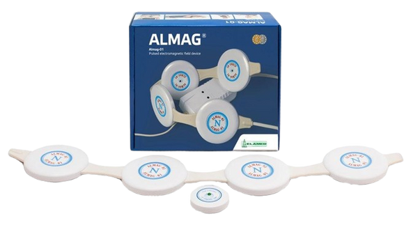LMAG-01 PEMF Therapy Device Kit With Four White Circular Electrode Pads Connected By A White Cable, A Small Round Connector Piece, And The Blue Retail Packaging Box In The Background