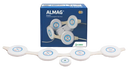 LMAG-01 PEMF Therapy Device Kit With Four White Circular Electrode Pads Connected By A White Cable, A Small Round Connector Piece, And The Blue Retail Packaging Box In The Background