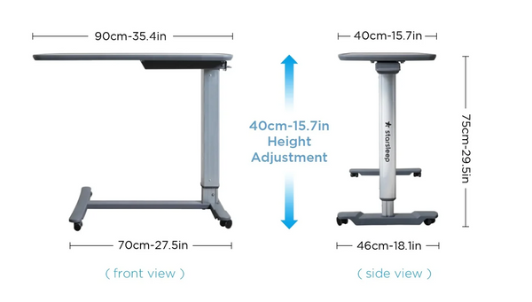 Left And Rear View Of The StarSleep Overbed Table With Dimensions Listed