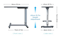 Left And Rear View Of The StarSleep Overbed Table With Dimensions Listed