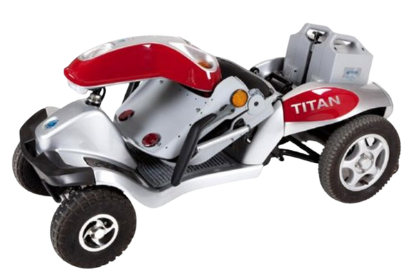 Left Side Overhead View Of The Tzora Titan 4 Hummer Medical Mobility Scooter In The Folded Position In Red Color
