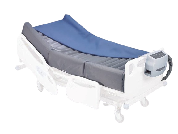 Left Side View Of An Adjustable Hospital Bed With The Wellell Optima Turn Lateral Rotation Pressure Relief Mattress With Stretch Cover On It, White Side Rails, And A Digital Control Unit On The Footboard