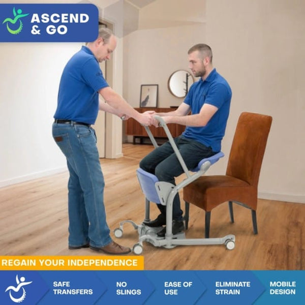 Left Side View Of The Ascend & Go Sit to Stand Patient Lift Shown With A Man Sitting In The Chair Of The Lift With A Healthcare Worker Assisting Him In A Home Care Setting