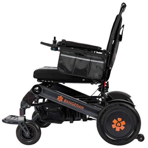 Left Side View Of The Bangeran Mammoth EX Automatic Folding Electric Wheelchair Shown In Black And Orange Color