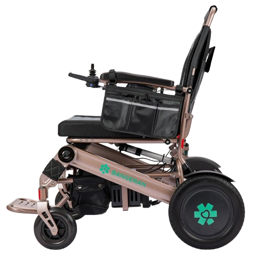 Left Side View Of The Bangeran Mammoth EX Automatic Folding Electric Wheelchair Shown In Brown And Teal Color