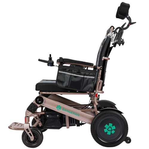 Left Side View Of The Bangeran Mammoth EX Automatic Recline Electric Wheelchair Shown In Brown And Teal Color 