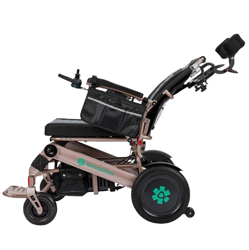 Left Side View Of The Bangeran Mammoth EX Automatic Recline Electric Wheelchair Shown In Brown And Teal Color In The Reclined Position