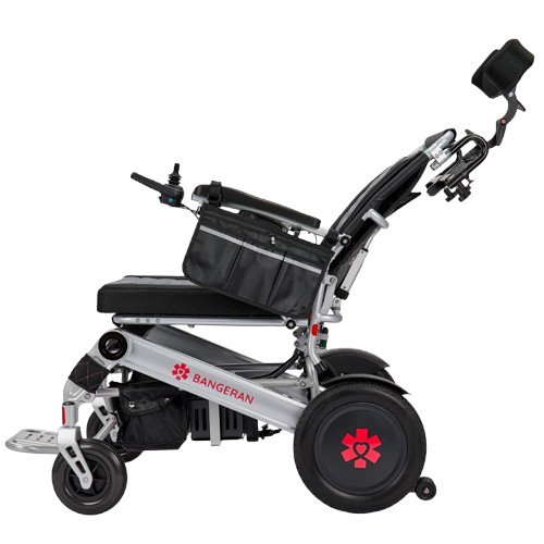 Left Side View Of The Bangeran Mammoth EX Automatic Recline Electric Wheelchair Shown In Silver And Red Color In The Reclined Position
