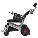 Left Side View Of The Bangeran Mammoth EX Automatic Recline Electric Wheelchair Shown In Silver And Red Color In The Reclined Position