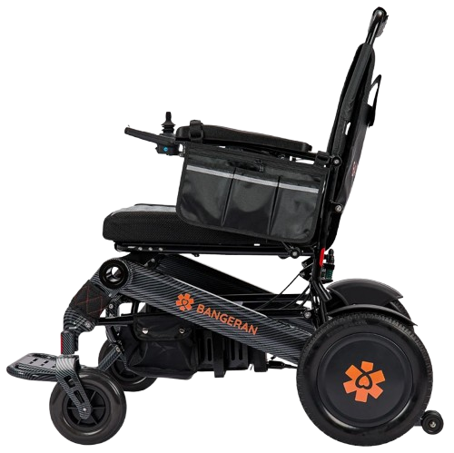 Left Side View Of The Bangeran Mammoth EX Electric Wheelchair Shown In Black And Orange Color