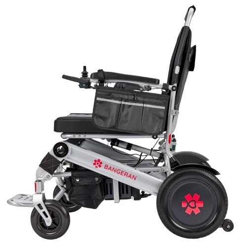 Left Side View Of The Bangeran Mammoth EX Electric Wheelchair Shown In Silver And Red Color
