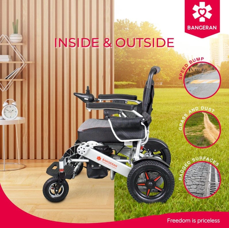 Left Side View Of The Bangeran Mammoth Electric Wheelchair Shown With Silver Color Highlighting Its Indoor And Outdoor Capability