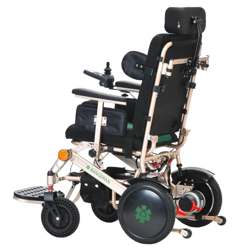 Left Side View Of The Bangeran Pegasus Cerebral Palsy Kids Electric Wheelchair Shown In Green Color