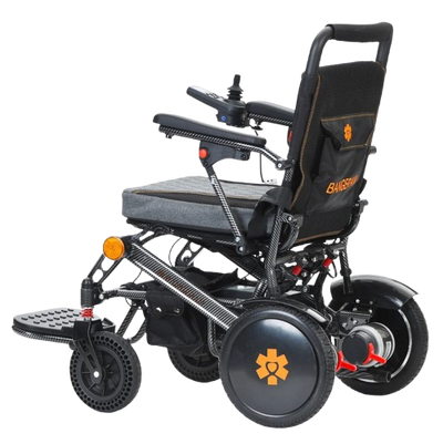 Left Side View Of The Bangeran Pegasus Kids Pediatric Electric Wheelchair Shown In Black And Orange Color