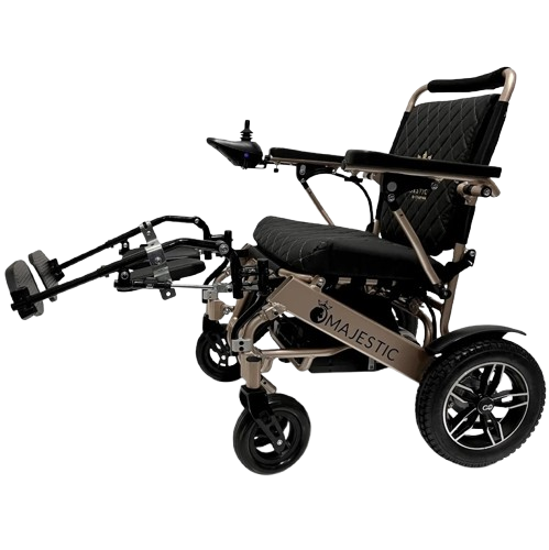 Left Side View Of The ComfyGo IQ 9000 Electric Wheelchair Shown With Elevating Leg Rests In The Upright Position With Bronze Frame And Black Cushion