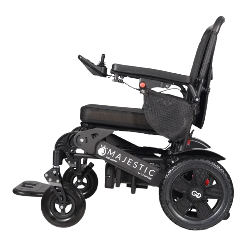 Left Side View Of The ComfyGo Majestic 440 HD Remote Controlled Heavy Duty Electric Wheelchair
