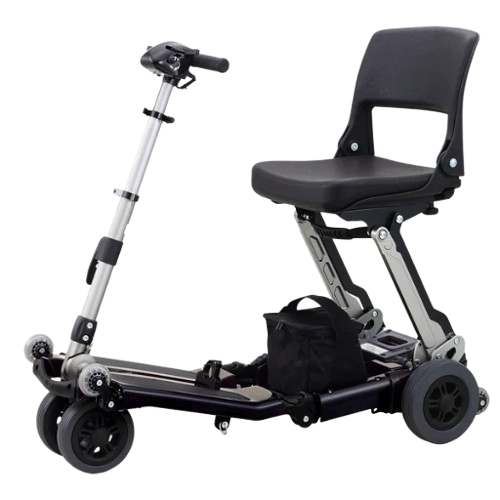 Left Side View Of The FreeRiderUSA Luggie Classic II Folding Mobility Scooter Shown In The Black Color