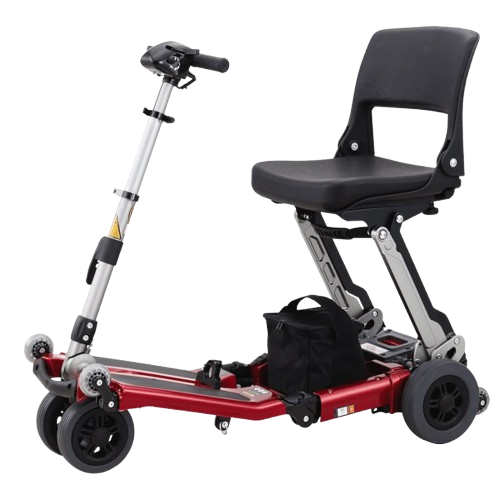 Left Side View Of The FreeRiderUSA Luggie Classic II Folding Mobility Scooter Shown In The Red Color