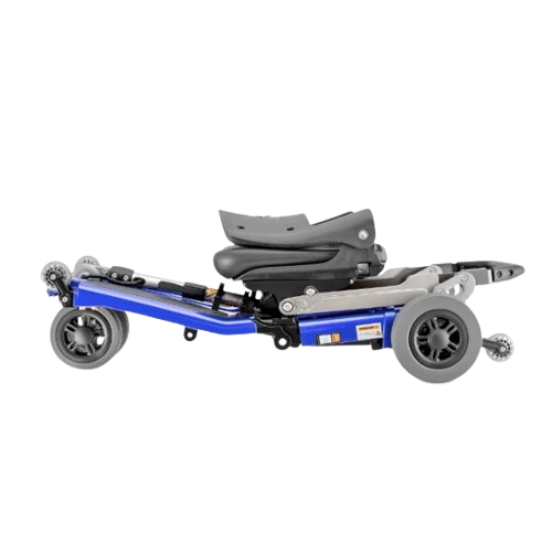 Left Side View Of The FreeRiderUSA Luggie Elite Folding Mobility Scooter Shown In The Blue Color In The Flat Position