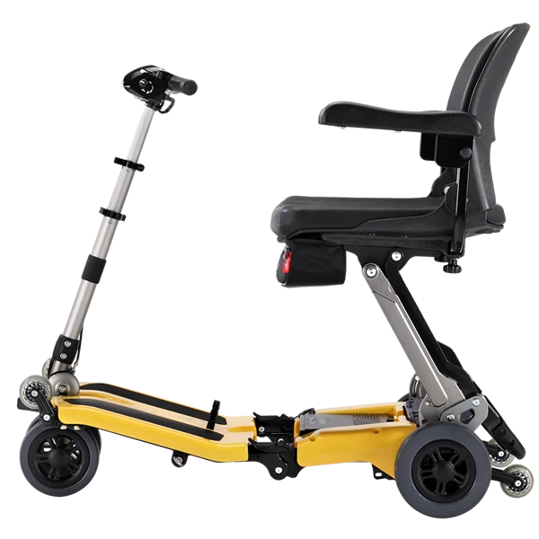 Left Side View Of The FreeRiderUSA Luggie Super Folding Mobility Scooter Shown In The Yellow Color