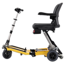 Left Side View Of The FreeRiderUSA Luggie Super Folding Mobility Scooter Shown In The Yellow Color