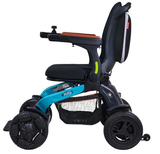 Left Side View Of The Golden Technologies Ally Pro Omnidirectional Electric Wheelchair Shown In Teal Color