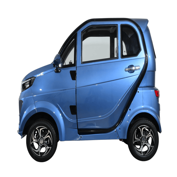 Left Side View Of The Green Transporter Q Express Enclosed Mobility Scooter Shown In Blue Color