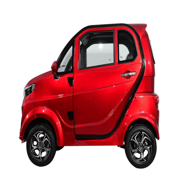 Left Side View Of The Green Transporter Q Express Enclosed Mobility Scooter Shown In Red Color