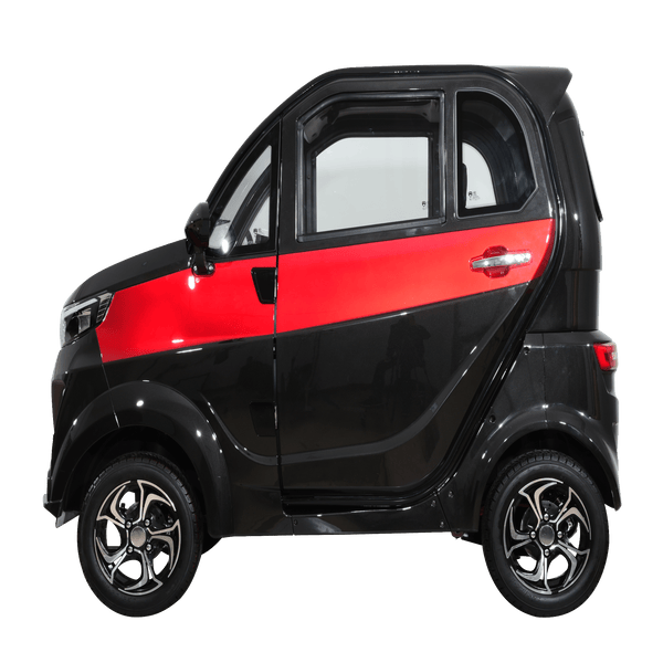 Left Side View Of The Green Transporter Q Runner Express Enclosed Mobility Scooter Shown In Black And Red Color