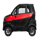 Left Side View Of The Green Transporter Q Runner Express Enclosed Mobility Scooter Shown In Black And Red Color