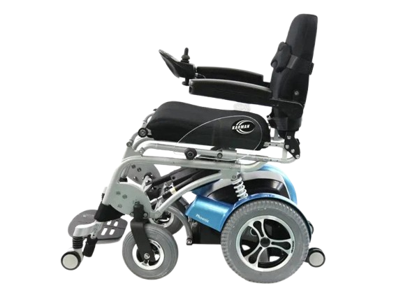 Left Side View Of The Karman XO-202 Power Standing Wheelchair In The Seated Position