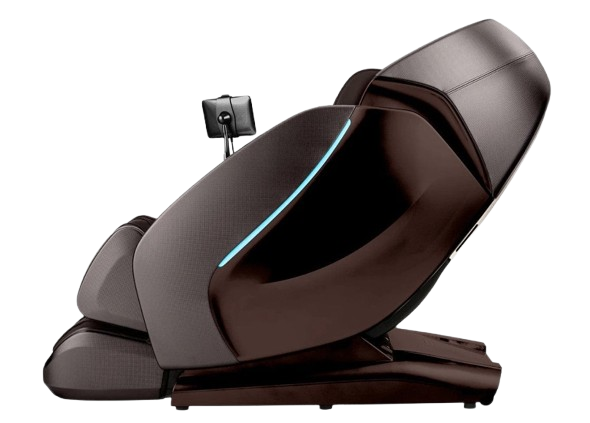 Left Side View Of The Kyota Hatsumei M900 AI 4D Massage Chair In Dark Brown Color Shown In The Upright Position