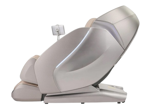 Left Side View Of The Kyota Hatsumei M900 AI 4D Massage Chair In Gray And Tan Color Shown In The Upright Position