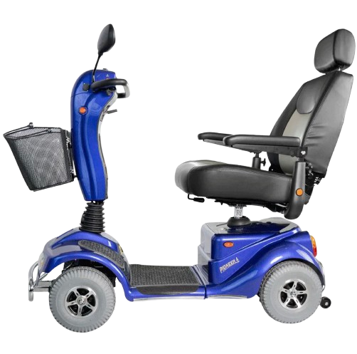 Left Side View Of The Merits Pioneer 4 Mobility Scooter Shown In Blue Color