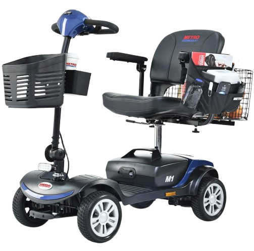 Left Side View Of The Metro Mobility M1 Mobility Scooter Shown In Blue Color