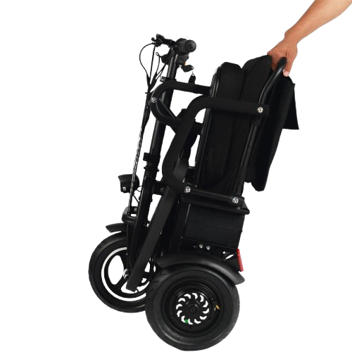 Left Side View Of The MotoTec Folding Mobility Electric Trike 48v 700w Dual Motor Lithium Shown In The Folded Position With Hand Moving The Scooter