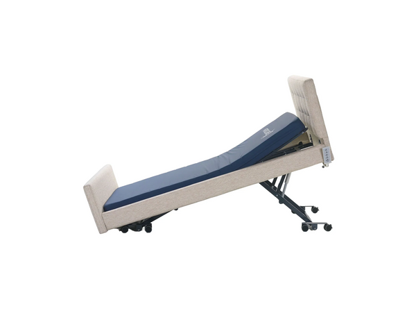 Left Side View Of The Nitrocare Miranda Hi Low Adjustable Bed Shown In The Reverse Trendelenburg Position With The Head Portion Of The Frame Slightly Raised