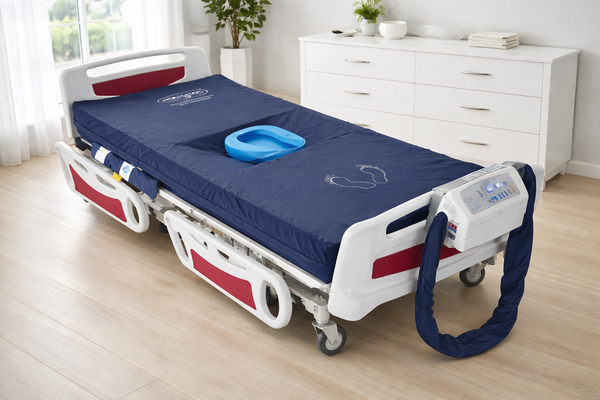 Left Side View Of The ObboMed OB-1620 StandardAir Alternating Pressure Mattress Shown In The Flat Position In A Homecare Setting