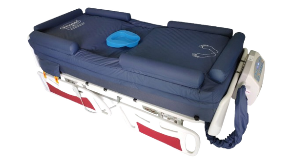 Left Side View Of The ObboMed OB-3682B UltraAir Bariatric Pressure Relief Mattress Shown In The Flat Position
