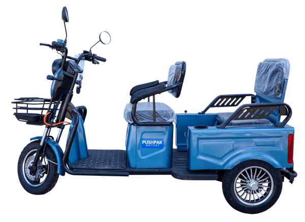 Left Side View Of The Pushpak Motors- Pushpak 3000 Two-Person Electric Scooter Shown In Blue Color