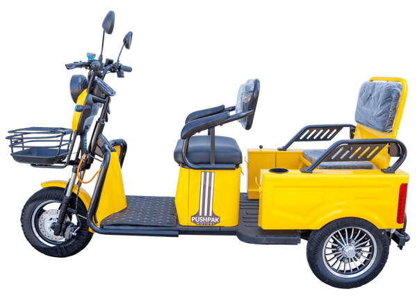 Left Side View Of The Pushpak Motors- Pushpak 3000 Two-Person Electric Scooter Shown In Yellow Color