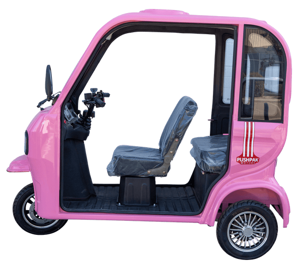 Left Side View Of The Pushpak Motors- Pushpak 7000 Three-Person Electric Scooter Shown In The Pink Color