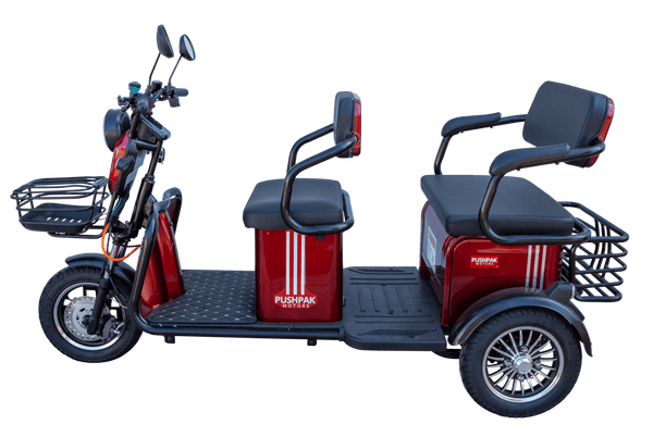 Left Side View Of The Pushpak Motors- Pushpak 7000 Two-Person Electric Scooter Shown In Red Color