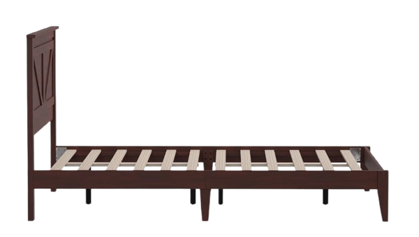 Left Side View Of The Rize Home Farmhouse Style Wooden Bed Frame Shown In Classic Cherry Color