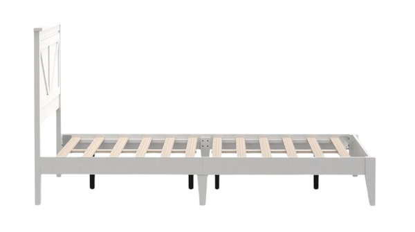 Left Side View Of The Rize Home Farmhouse Style Wooden Bed Frame Shown In Gloss White Color